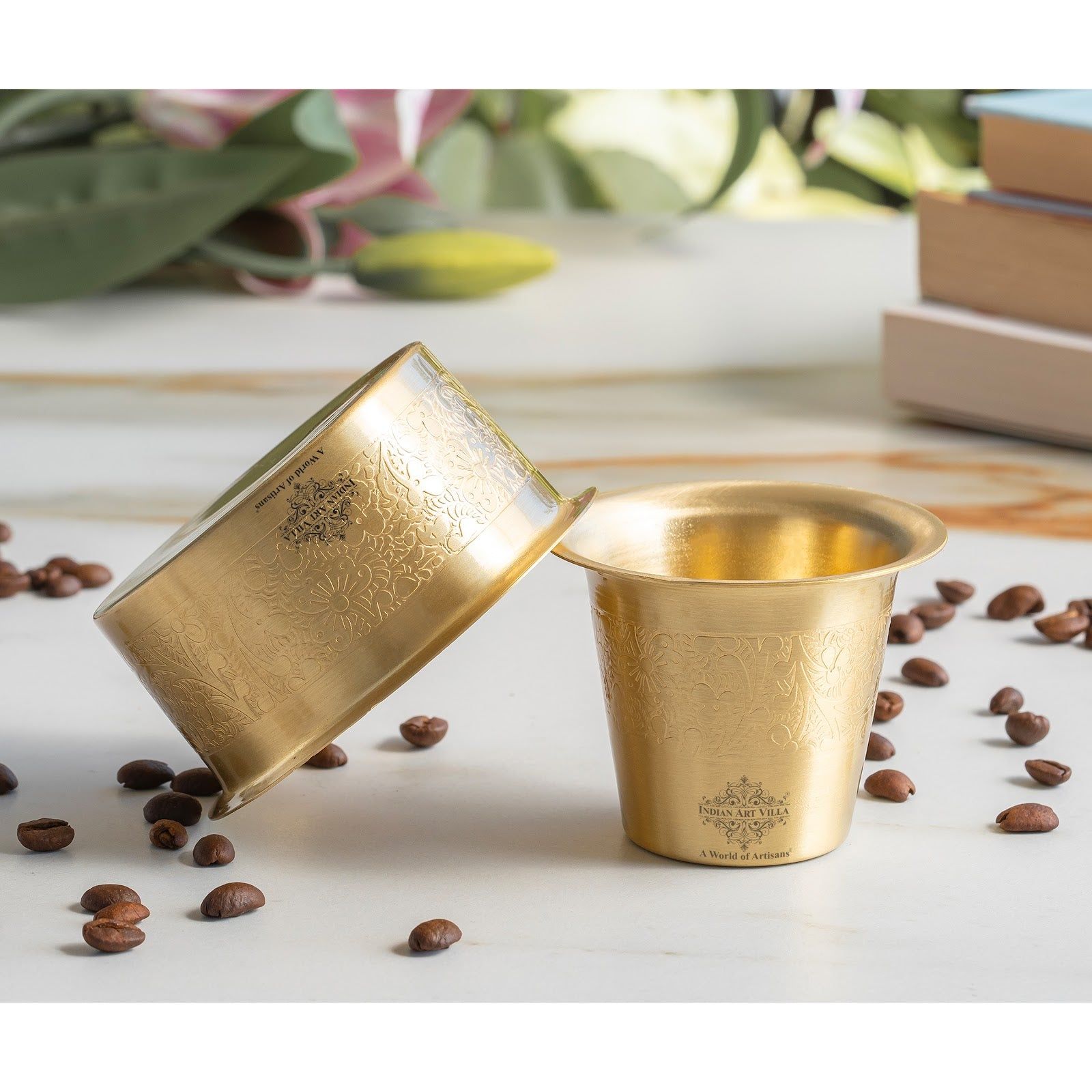 Pure Brass Dabra Set With 290 ML Capacity - Embossed Finish